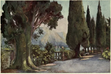Cypress Avenue, Villa del Pizzo, Lago di Como, Ilustrace z „Italských jezer“ od Richarda Bagota