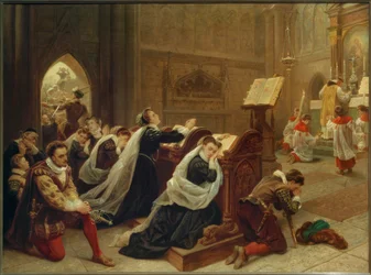 Maria Stuartová… poslech první mše / Gem. Emanuel Leutze
