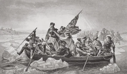Washington překračuje Delaware poblíž Trentonu v New Jersey o Vánocích roku 1776, z knihy „Illustrations of English and Scottish History“, svazek II