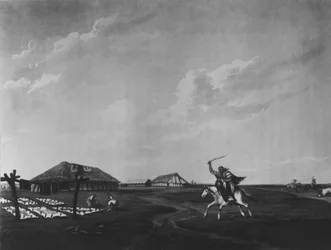Estancia (farma) na řece San Pedro, vyryto Mailem a Sutherlandem, 1820 (litho) (černobílá fotografie)