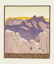 Jungfrau-Bahn, plakát inzerující horskou železnici Jungfrau (barevné lito)