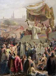 Sv. Bernard z Clairvaux Kázající druhou křížovou výpravu ve Vezelay, 31. března 1146 - rytina po Emile Signolovi - Saint-Bernard de Clairvaux (San Bernardo di Chiaravalle) kázání druhé křížové výpravy za přítomnosti krále Ludvíka VII. a královny Alienor z