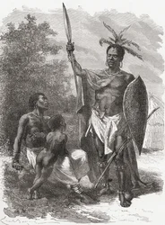 Rodák z Ougogo ve střední Africe ve válečných šatech, ilustrace z „The World in the Hands“, vydáno 1878