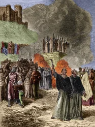 Křížová výprava proti Albigeois - Poslední obránci Montsegur (Cathare) uhořeli na řezníkovi v roce 1244 - Rytina Emila Bayarda po G. Burgunovi