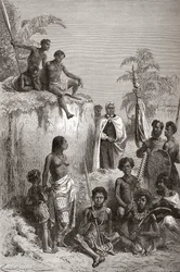 Havajský král Kamehameha I a jeho válečníci, ilustrace z knihy „The World in the Hands“, vydané roku 1878