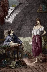 Marius a Eponine, starší dcera Thenardierových a zamilovaná do Maria. Ilustrace románu „Bídníci“ od Victora Huga (1802-1885), ilustrace od Emila Bayarda - (Eponine Thenardierová (dívka Jondrette) a Marius), rytina, soukromá sbírka