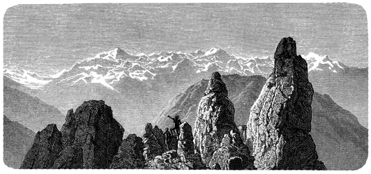 Vrchol hory s názvem Pierre a Voir poblíž lázní Saxon ve Valais, švýcarské Alpy. Ilustrace Emile Bayard pro knihu Alberta Dupaigne „Les Montagnes“, vydání Mame 1881.