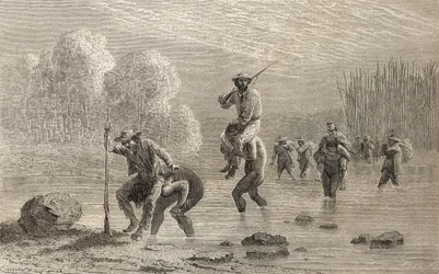 Paul Marcoy a jeho expedice jsou neseni přes bažinu v Argentině indiány Chuncho v roce 1874, ilustrace z „The World in the Hands“, vydané v roce 1878