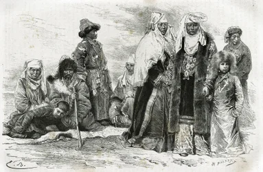 Chudé a bohaté kyrgyzské ženy. Rytina Emila Bayarda pro ilustraci cest z Orenburgu do Samarkandu, Marie de Ujfalvy-Bourdon, mezi 1876 a 1878, v Tour du monde, režie Edouard Charton