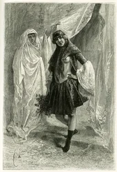 Portrét Ziba Khanoum, perské princezny. Rytina od E. Bayarda po fotografii pro ilustraci příběhu „Persie, Chaldee a Susiane““ v letech 1881-1882 od Jane Dieulafoy (rozené Magre)
