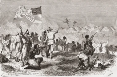 Stanleyho útok na Zimbizo během jeho expedice v roce 1871, ilustrace z 