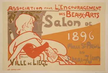 Reprodukce plakátu propagujícího „výstavu salonu 1896“ Asociace pro podporu výtvarného umění, Place St. Paul, Liege