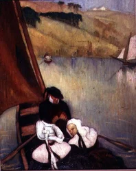 Breton Women in a Ferry Boat, cca 1900 (olej na plátně)