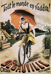 Vintage plakát ženy na kole držící červený deštník
