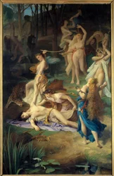 Orpheeina smrt. Bacchanti (nebo Menades) mě uklidnili, Orphee to roztrhala na kousky. Obraz Emile Levy (1826 - 1890)