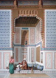 Interiér mešity Khosne Ahmed el-Bordeyny. Chromolitografie podle Emile Prisse d