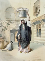 Mladá arabská dívka vracející se z hammamu v Káhiře, ilustrace z knihy "Údolí Nilu", vyryl Emile Desmaisons (1812-80), vyd. Lemercier, 1848.