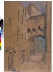 Začátek velkého stupně a most opevnění. Mont Saint Michel. Kresba Emile Sagot. Městské muzeum Avranches (Manche)