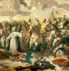 Detail: První křížová výprava: „Dobytí Jeruzaléma křižáky dne 15/07/1099“ - Godefroy z Bouillonu vzdává díky Bohu za přítomnosti Petra Poustevníka