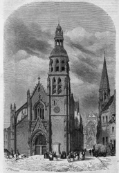 Vnější pohled na kostel Saint Martin (15.-16. století) ve Vendome, Loir a Cher (41), před jeho demolicí v roce 1857. Rytina Theronda V „“Le Magasin Picturesque““