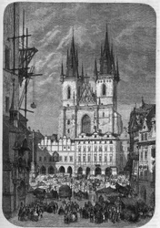 Gotická architektura: vnější pohled na kostel Panny Marie Týnské (Teynkirche) v Praze. Jeho stavba trvala od poloviny 14. století do 16. století. Gravírování Theronda v „“Le Magasin Picturesque““