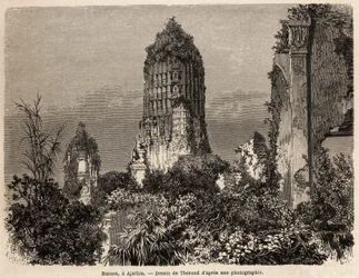 Ruiny pořízené ve vegetaci džungle v Ajuthii (Thajsko), kresba Theronda, pro ilustraci cesty královstvími Siam, Kambodža a Laos, od roku 1858 do roku 1861, od Henriho Mouhota. Rytina v „“Le tour du monde““, editoval Edouard