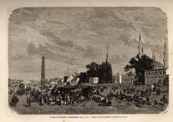 Náměstí Ett Meydan, Konstantinopol (dnešní Istamboul, Turecko), kresba Theronda pro ilustraci studie o tureckých ženách z roku 1862 od F. Jeruzaléma. Rytina v „“Le tour du monde““, editoval Edouard Charton