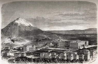 Pohled na Athény Řecko, kresba Theronda, k ilustraci příběhu M.A.Prousta, zima v Athénách