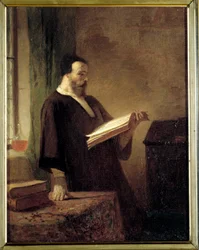 Bibliofil Muž čte knihu. Obraz Emile Vaude (1819-1884) 19. století Troyes Museum of Fine Arts