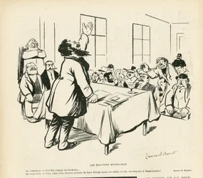 Ilustrace Emmanuela Barceta (1870-1940) v Le Rire, 09.05.08 - Komunální volby - Volby, Politická schůze, schůze, volební schůze, komunální volby
