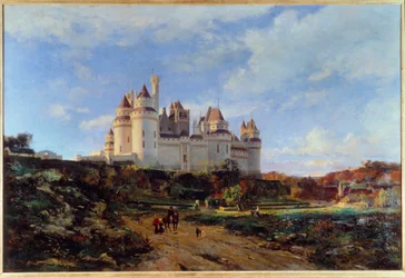 Pohled na hrad Pierrefonds v obraze Oise od Emmanuela Lansyera (1835-1893) Beauvais z 19. století. Musee departement de l