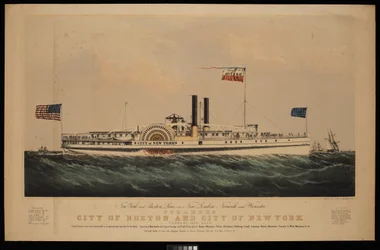 New York and Boston Line, přes New London, Norwich a Worcester parníky City of Boston a City of New York...