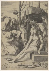 Pohřeb Krista, jehož hruď se chopí Josef z Arimatie, se dvěma klečícími a..., 1543.