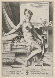 Lucretia nahá a sedící před oknem, s dýkou v pravé ruce a držící d..., kolem 1535-67