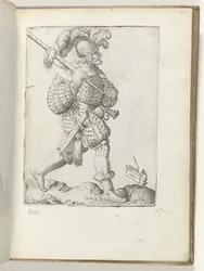 Německý voják (titul na předmětu) Duitse soldaat, gekleed volgens de mode van ca. 1550 Postoje různých národů našeho věku (název série)