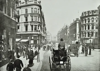 Queen Victoria Street, při pohledu na východ od Queen Street, City of London, 1890