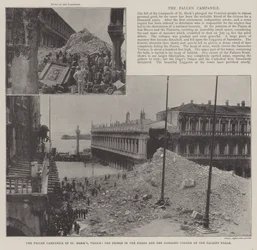 Padlá zvonice St Marks, Benátky, trosky na náměstí Piazza a poškozený roh Palazzo Reale