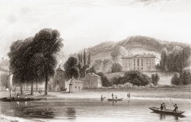 Pohled z 19. století na Beaumont Lodge, Old Windsor, Berkshire, Anglie. Prodán v roce 1854 Tovaryšstvu Ježíšově a přejmenován na Beaumont College, jezuitskou veřejnou školu. Z Churton