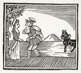 Gentleman se jde poradit s Mother Bunch, ilustrace z Chap-books of the Eighteenth Century od Johna Ashtona, hospoda. 1882