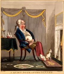 Tiché dřímání po večeři, tisk od H. Pyalla, kolem 1827-33 (ručně kolorovaná rytina)