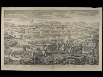 Zobrazení bitvy na Drumossie Moor poblíž Cullodenu ve Skotsku, 16. dubna 1746, vydal Henry Overton, 30. června 1746