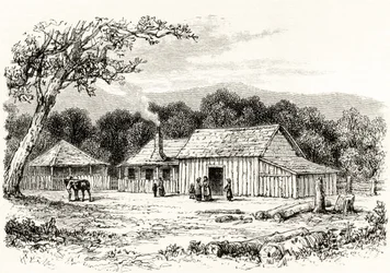 Stanice squatterů, asi 1880, z knihy Howarda Willoughbyho "Australian Pictures", vydané Religious Tract Society, Londýn, 1886.