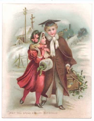 Viktoriánské vánoční přání chlapce s maltou s paží kolem dívky procházející sněhem, kolem roku 1880 (barva litho)
