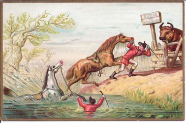 Viktoriánské vánoční přání koně mlátícího ve vodě, zatímco druhého jeho jezdec vytáhl na břeh, kolem roku 1880 (barva litho)