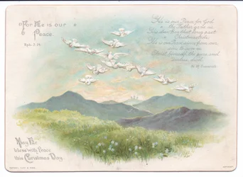 Viktoriánské náboženské vánoční přání létajících holubic ve tvaru kříže, kolem roku 1880 (barva litho)