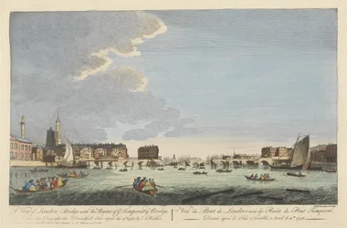 Pohled na London Bridge s ruinami dočasného mostu po požáru 11. dubna 1758 (barevná rytina)