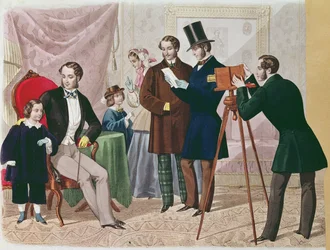Návštěva u fotografa, 1857 (barevná rytina)