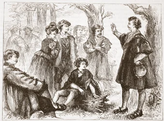 A Wittemberg Student Preaching in Lime-Tree Meadow, ilustrace z Historie protestantismu od Jamese Aitkena Wylie (1808-1890), pub. 1878