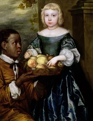 Mladé dívce sluha nabídl košík ovoce, kolem roku 1650