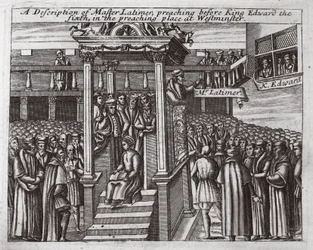 Popis mistra Latimera, kázání před králem Edwardem Šestým na kazatelském místě ve Westminsteru, ilustrace z Acts and Monuments od Johna Foxe, deváté vydání, hospoda. 1684